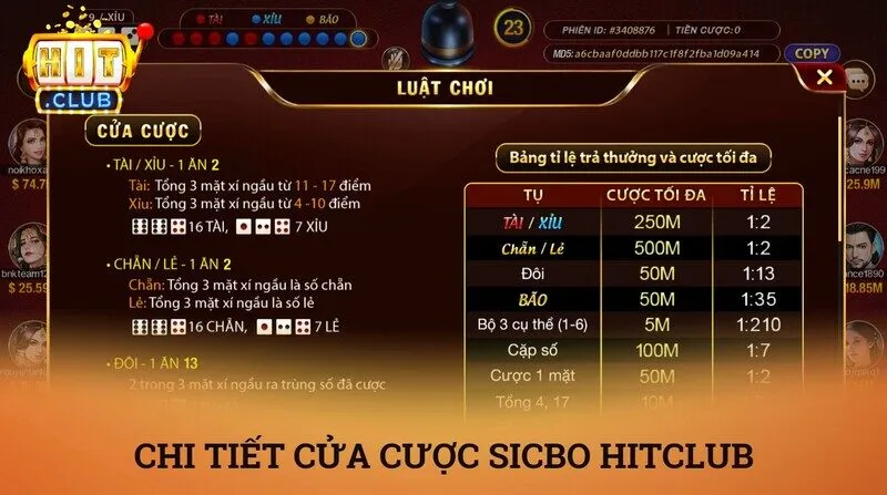 Chi tiết các cửa cược sicbo Hitclub và quy tắc tính điểm